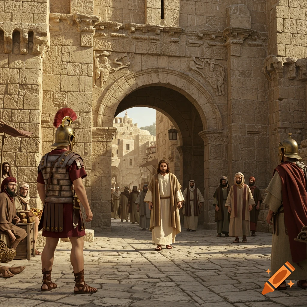 Jesus walks through an ancient stone city gate, observed by Roman soldiers and others, photorealistic style.