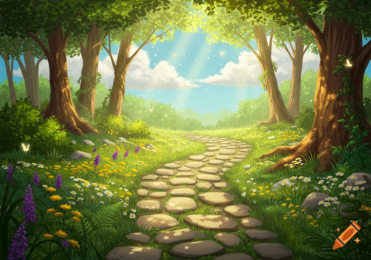 Whimsical stone path winding through a sun-dappled forest with lush green grass, colorful wildflowers, and flying butterflies.