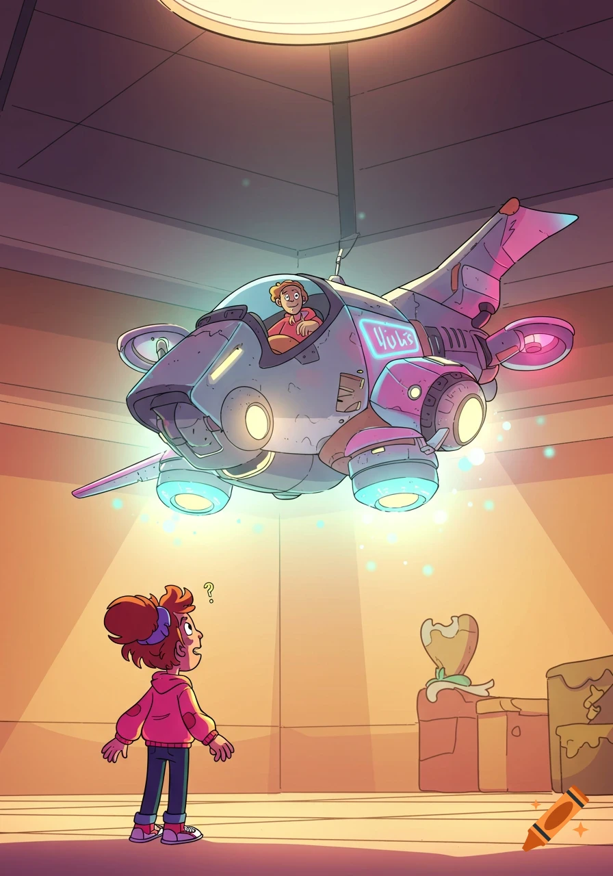 Cartoon of a young girl looking up in awe at a boy piloting a glowing futuristic flying machine indoors.