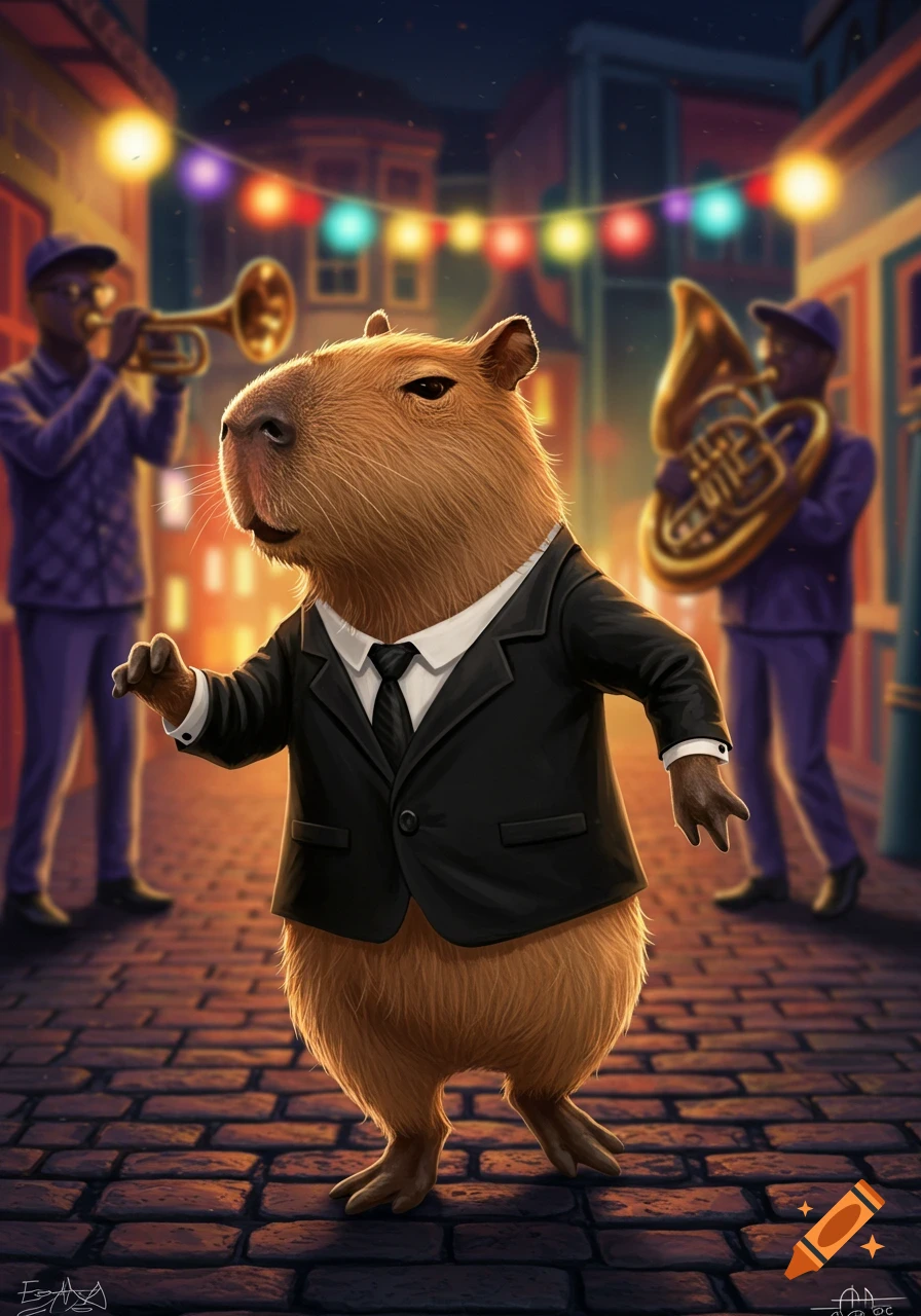 A capybara in a black suit and tie dances on a cobblestone street at night, with blurry musicians playing brass instruments.