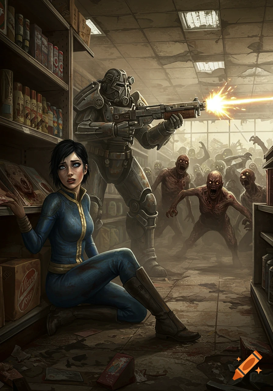 A scared woman in a blue vault-suit crouches behind a power-armored soldier shooting a laser rifle at a horde of feral ghouls in a ruined grocery store. Stylized art.
