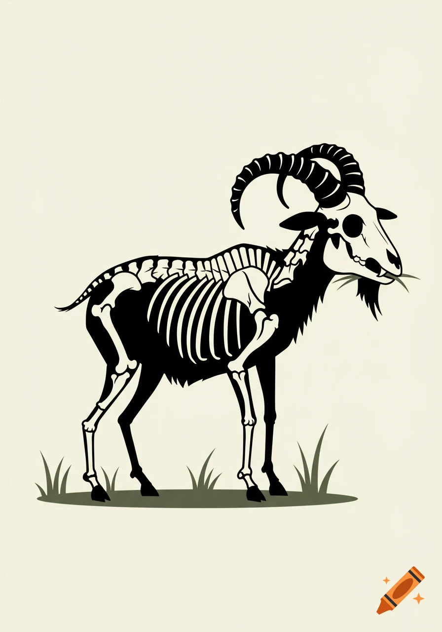 Stylized black and white illustration of a skeletal goat with horns eating grass.