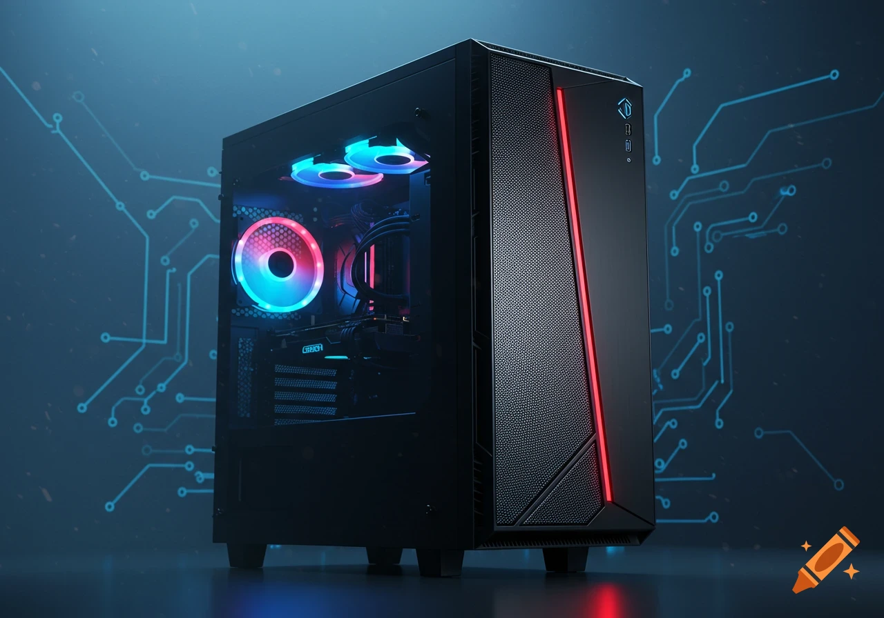 Sleek black gaming PC tower with red, blue, and pink RGB lighting against a dark background with circuit patterns.