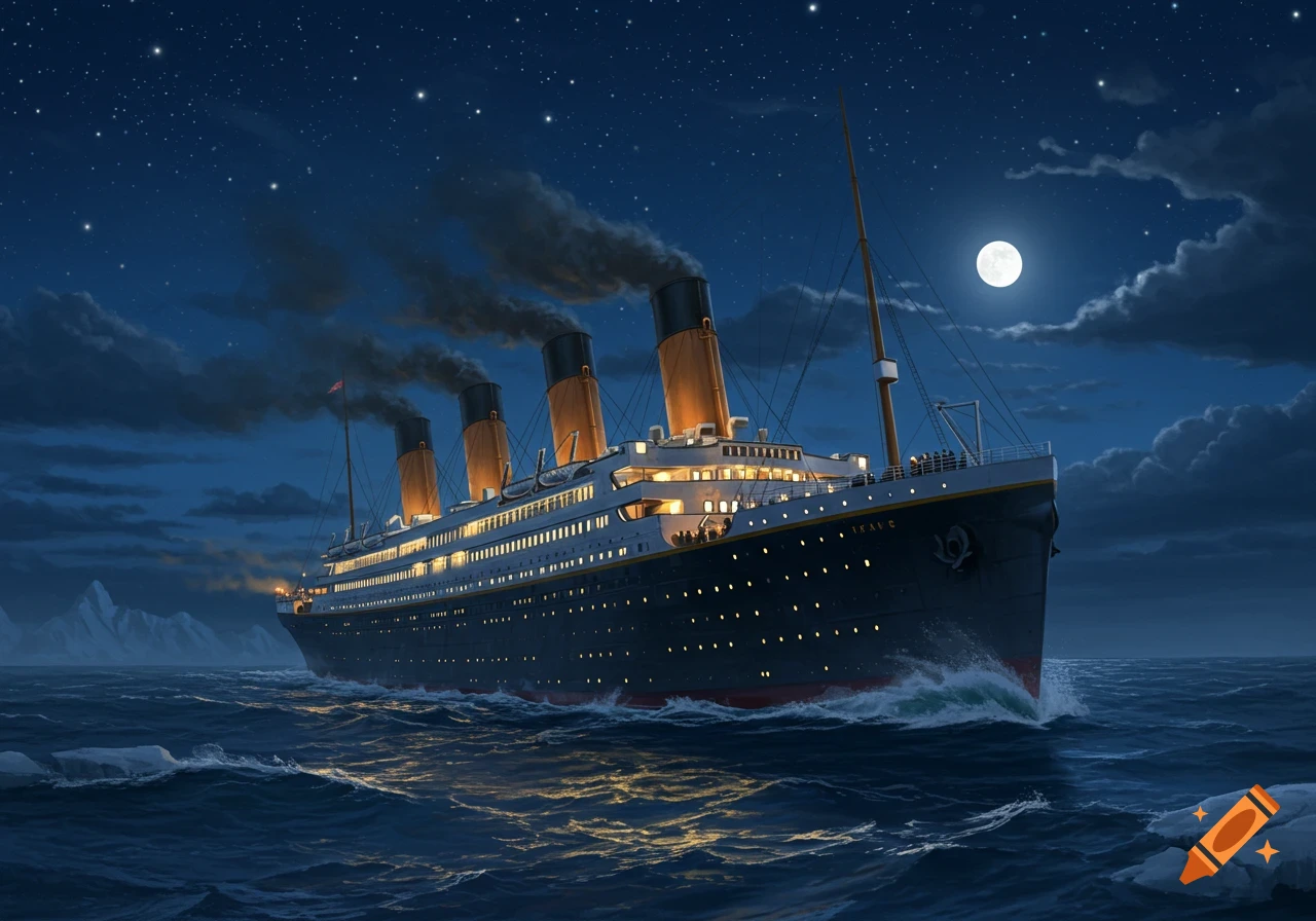 The RMS Titanic sails at night under a starry sky and a full moon, with distant icebergs and a shimmering sea.