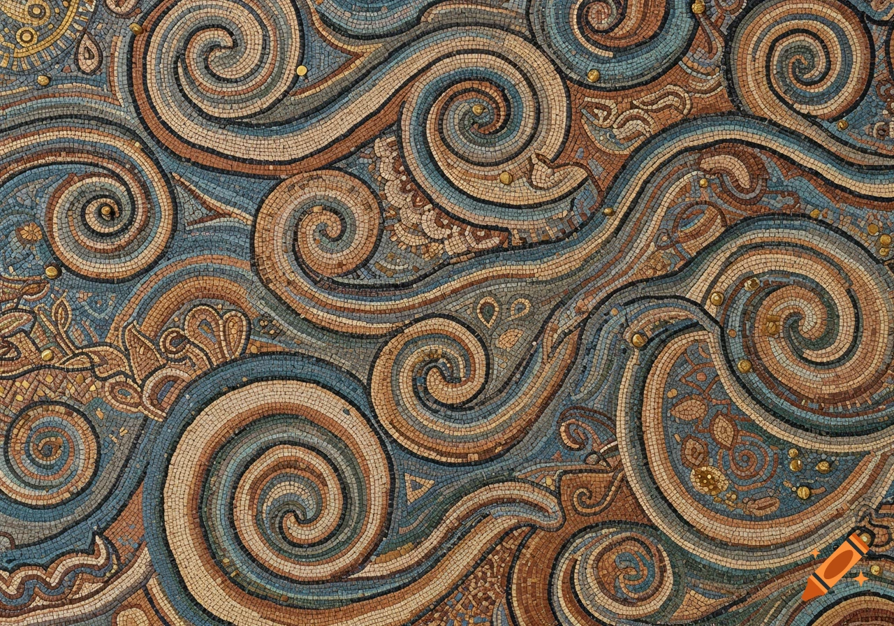 Abstract mosaic pattern with swirling shapes in blue, brown, and gold, in an ancient Greek style.