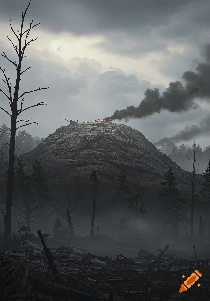 A dark, misty, desolate landscape with a barren tree and a burning hill emitting black smoke under an overcast sky.