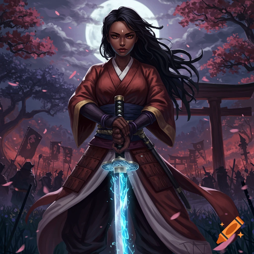 A dark-skinned woman in a red kimono with a glowing blue sword stands under a full moon, cherry blossoms, and a torii gate.