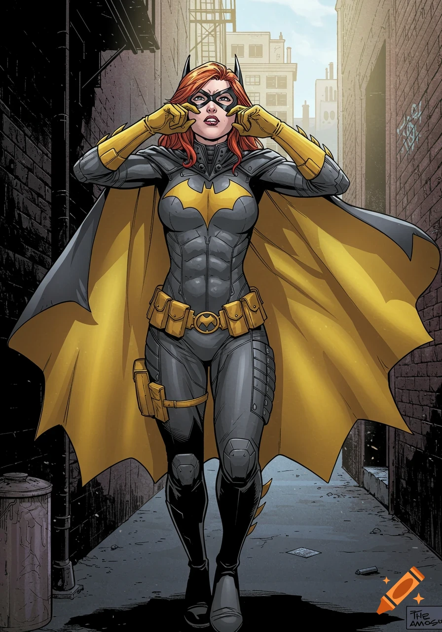Red-haired Batgirl in a dark gray suit and yellow cape, making a funny face in a dim alley, comic book art style.