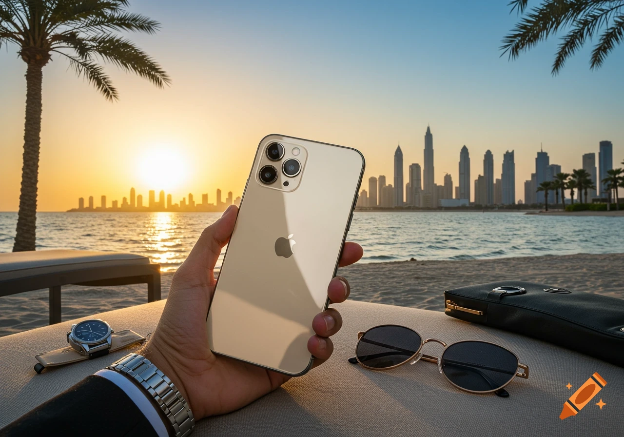 A hand holds a gold iPhone on a beach chair, with a watch, sunglasses, and a Dubai city skyline at sunset.