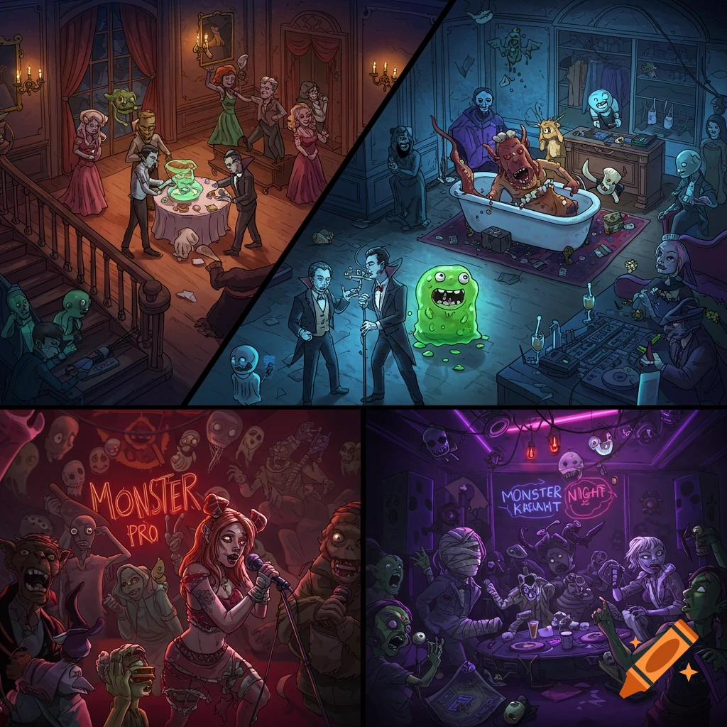 A vibrant, cartoonish illustration of a sprawling haunted mansion Halloween party with monsters in four panels, depicting a prom, karaoke, and chaotic house party.