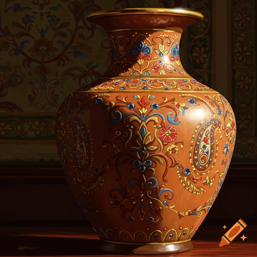 A richly decorated reddish-brown East Indian vase with blue, red, and gold floral and paisley patterns, lit from the right.