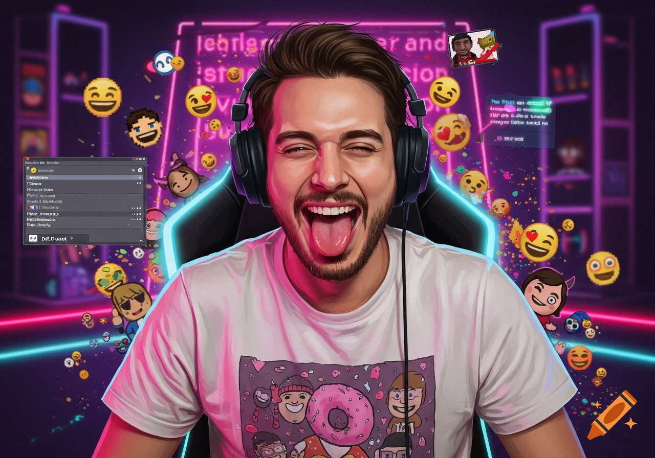 A stylized cartoon illustration of a joyful male streamer with headphones, sticking his tongue out. He is surrounded by emojis and neon lights, with gaming overlays and screens in the background.