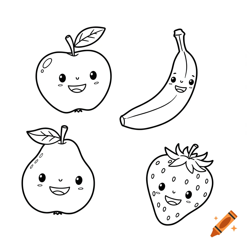 Black and white line art of smiling apple, banana, pear, and strawberry for a coloring book.