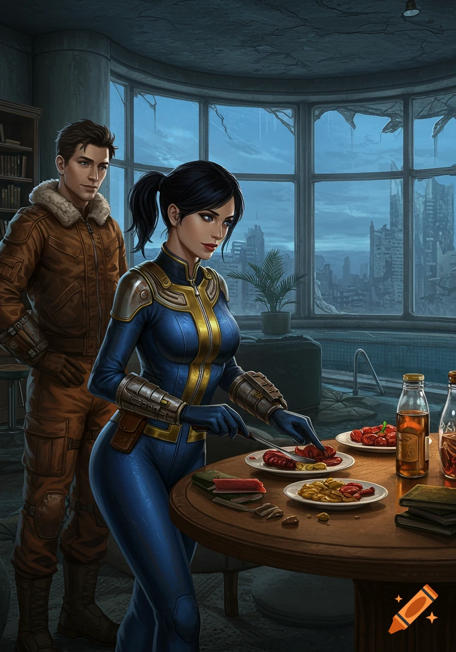 A woman in a blue Fallout vault suit cooks a meal while a man in a bomber jacket stands behind her in a ruined penthouse overlooking a destroyed city.