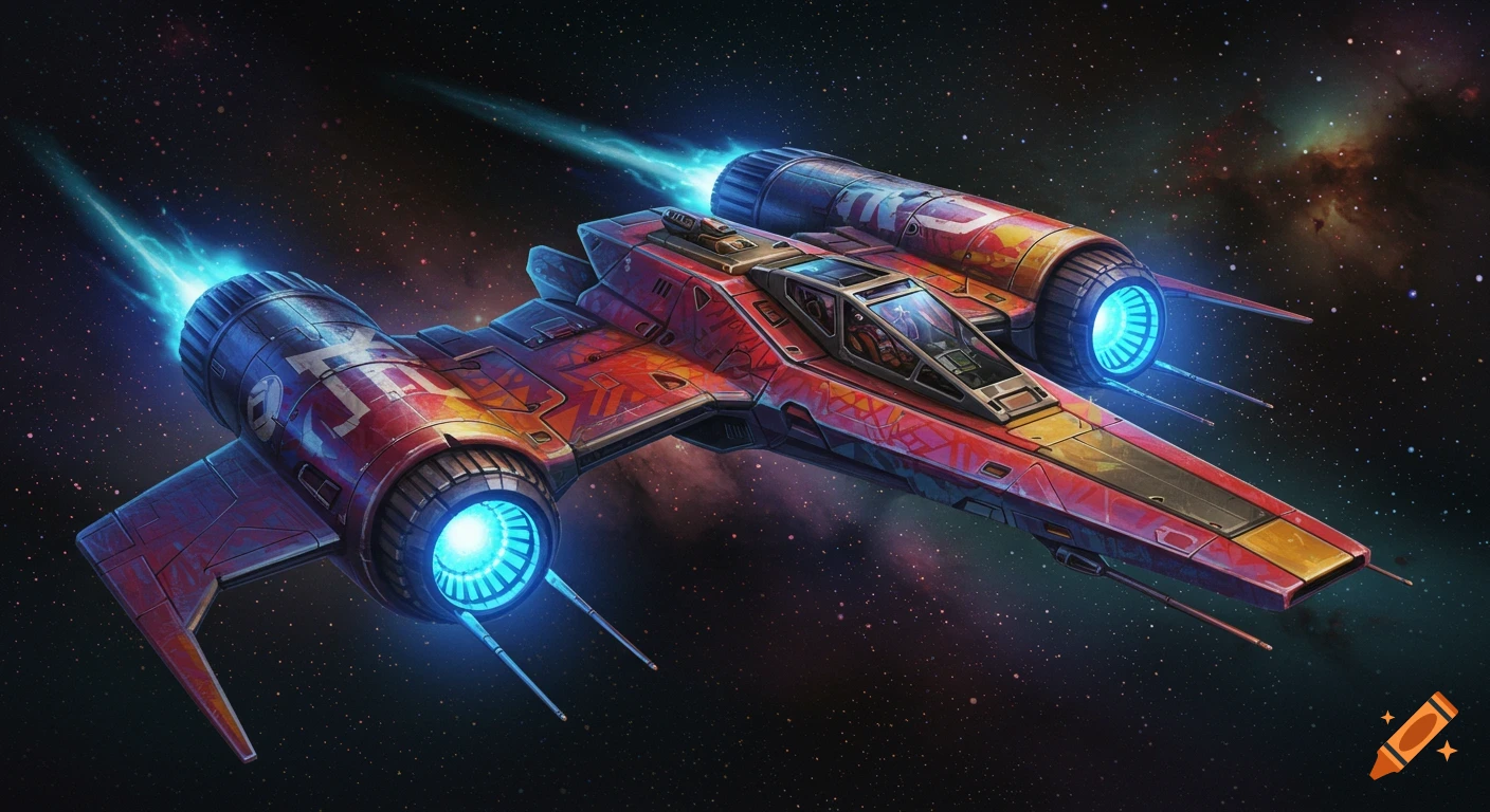 A detailed, colorful sci-fi starfighter with glowing blue engines flies through a star-filled space with a distant nebula.