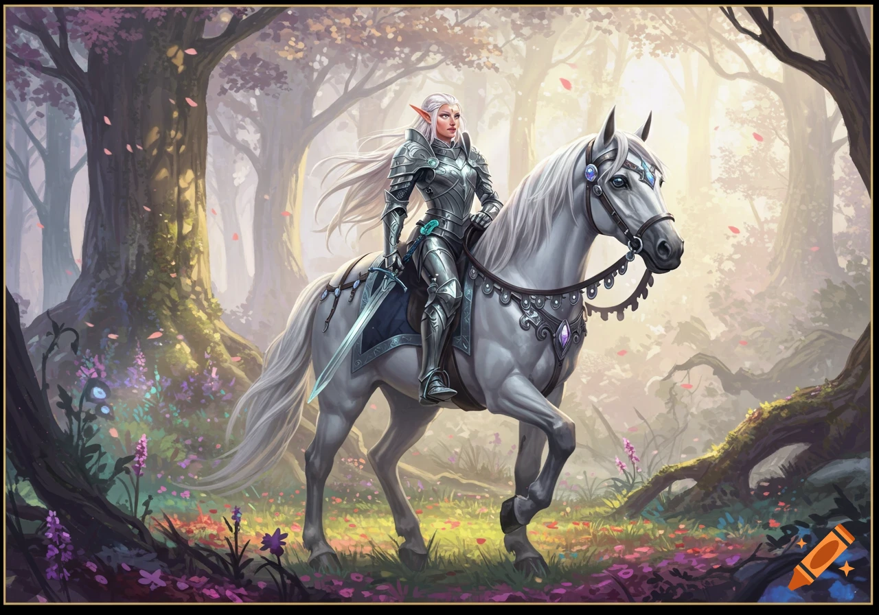 A female high elf knight in silver armor on a white horse rides through a vibrant, mystical forest with pink flowers.