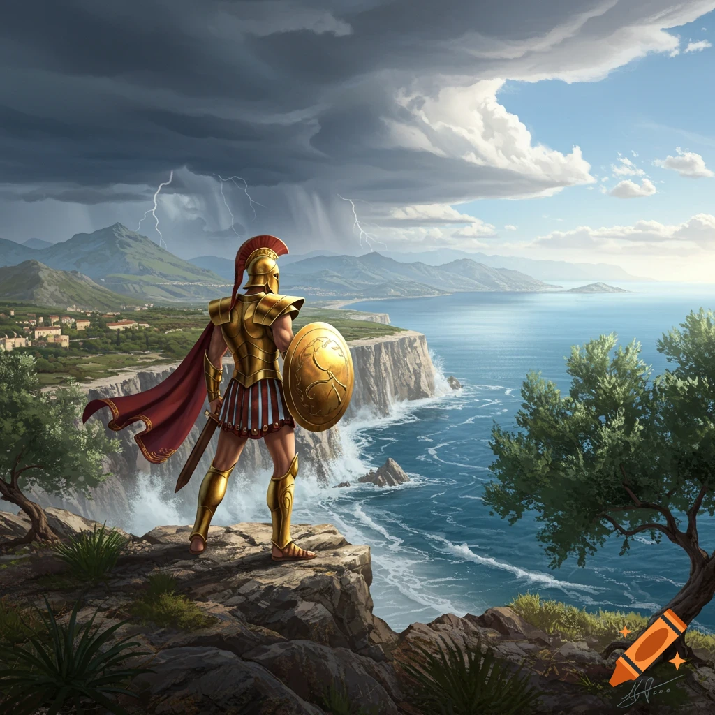 A Greek warrior in golden armor stands on a cliff overlooking a stormy sea and a clear sky, with mountains and a town.