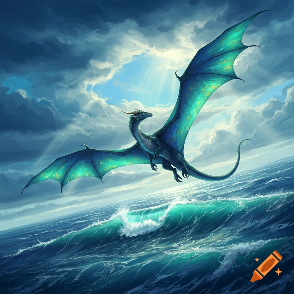 A majestic teal and blue dragon with glowing wings soars through a cloudy sky over a vast, turbulent ocean.