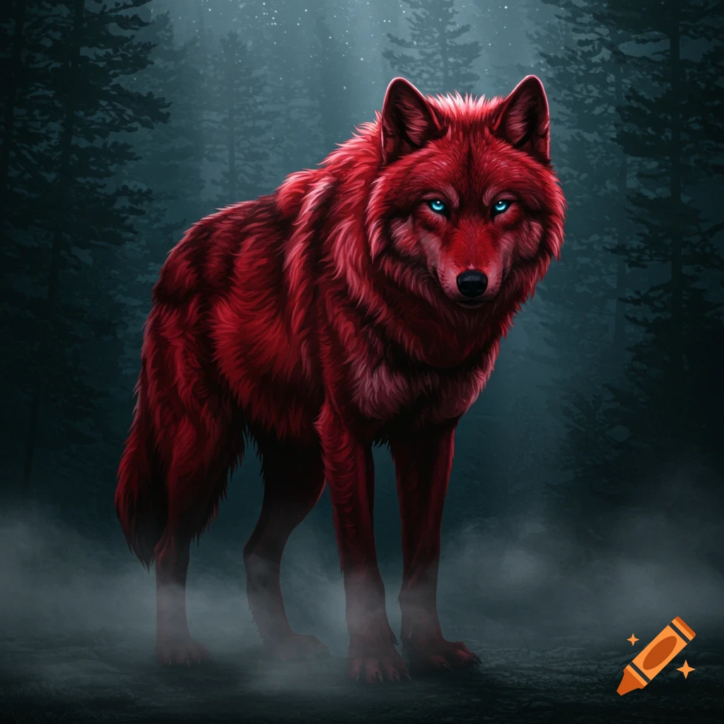 Vibrant red wolf with piercing blue eyes stands in a misty, dark forest, bathed in a soft ethereal light.