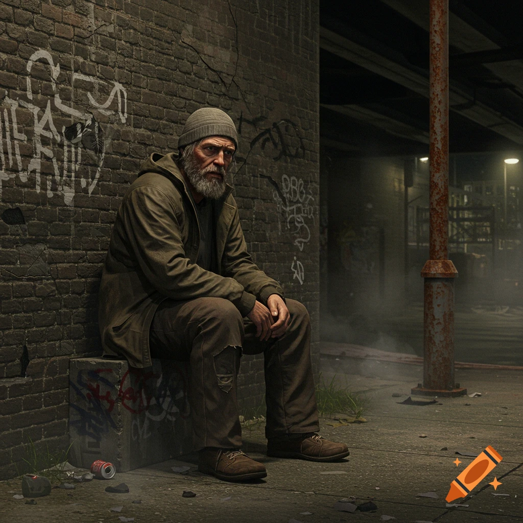 Photorealistic portrait of a bearded man in a beanie and coat, sitting on a concrete block in a dark, graffiti-covered urban alley at night.