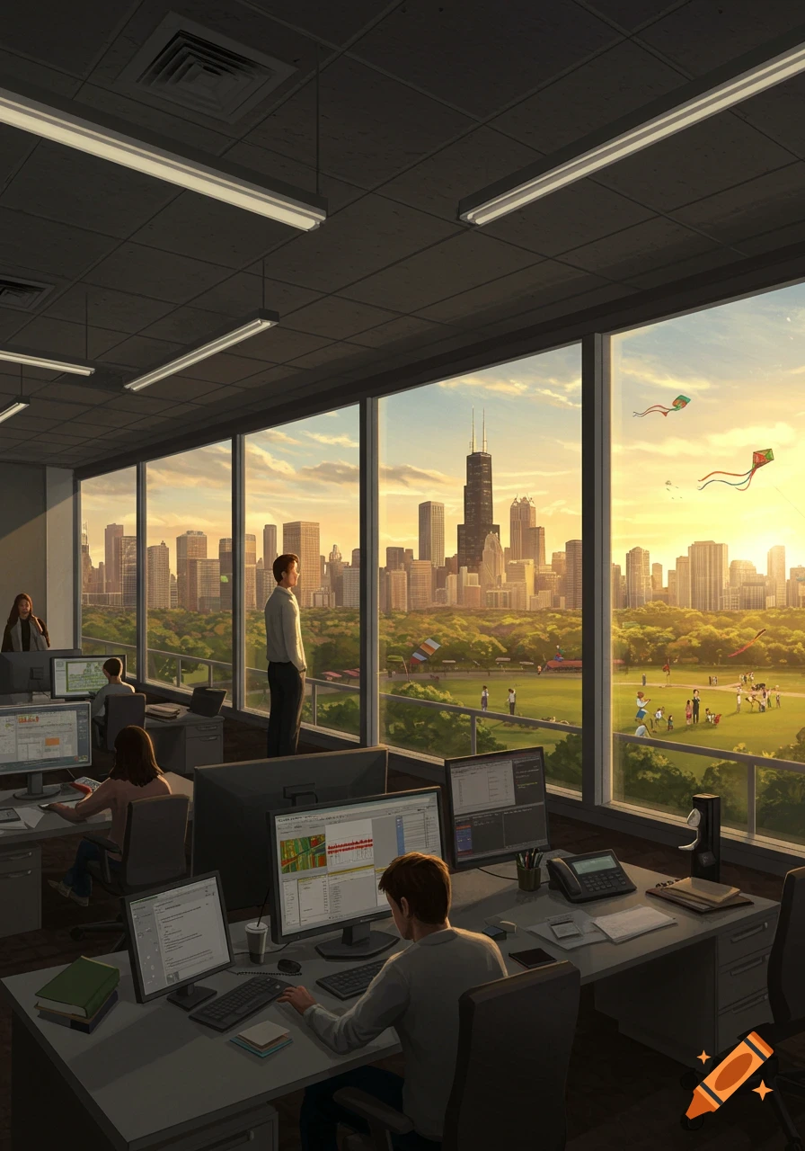 An office interior with workers at computers, overlooking a vibrant city park and skyline at sunset, with kites flying.