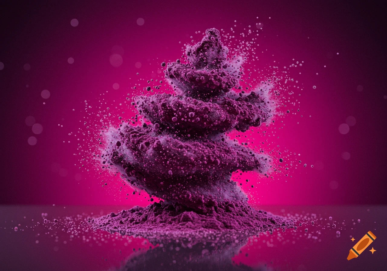 A vibrant magenta powder erupts from a pile, scattering fine particles against a dark pink background with bokeh effects and a reflective surface.