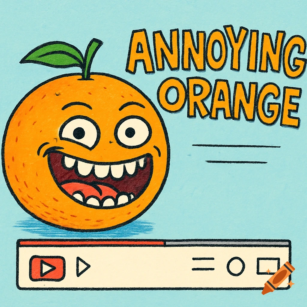 Cartoon drawing of a screaming orange with the words 'ANNOYING ORANGE' and YouTube player controls on a blue background.