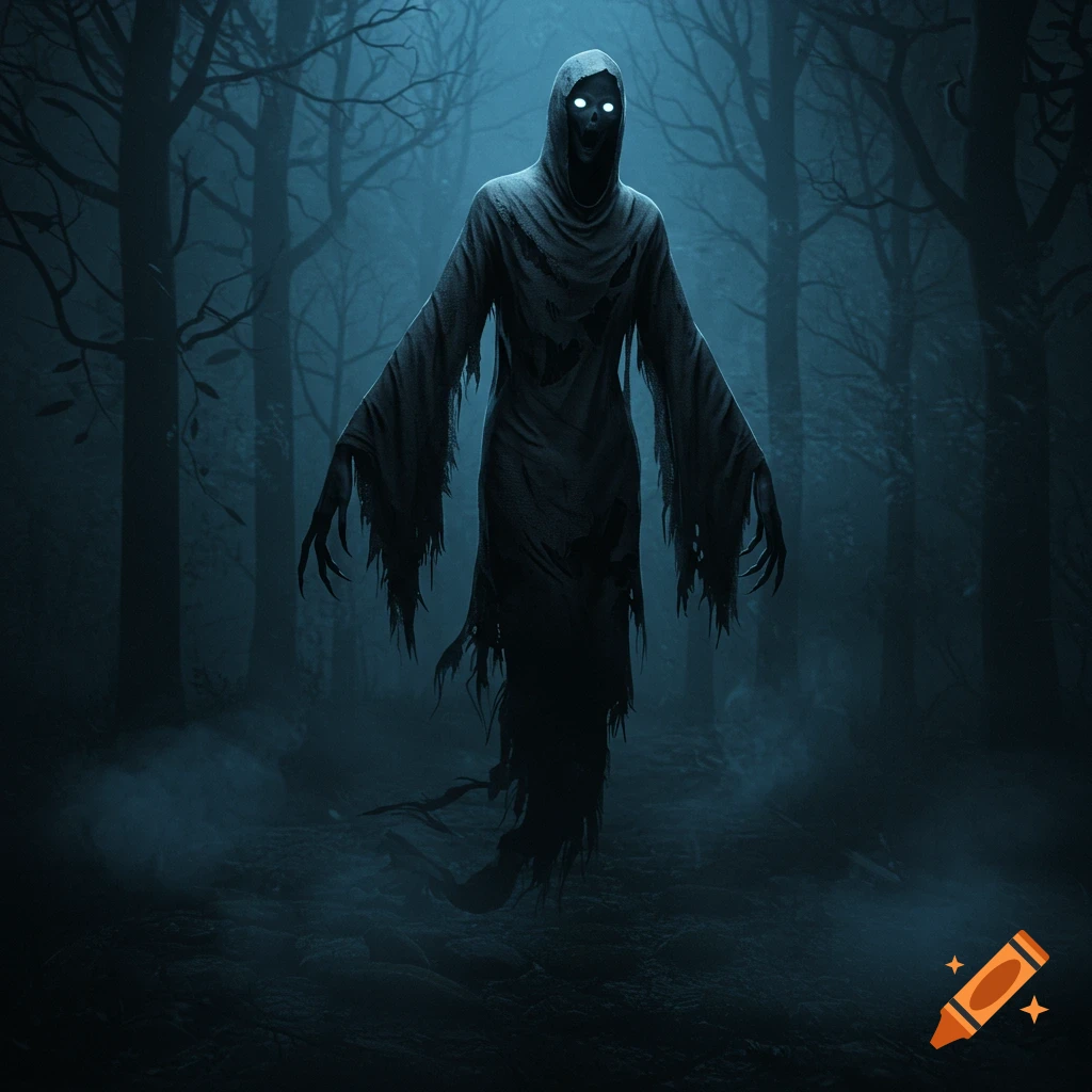A dark, hooded, ghostly figure with glowing white eyes stands in a misty, eerie forest at night, giving off a chilling aura.