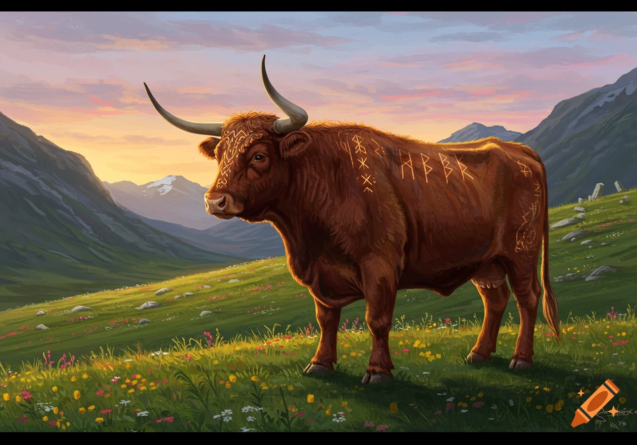A majestic brown bull with glowing Norse runes on its body stands in a vibrant green meadow with wildflowers, against a backdrop of mountains and a colorful sunset sky.