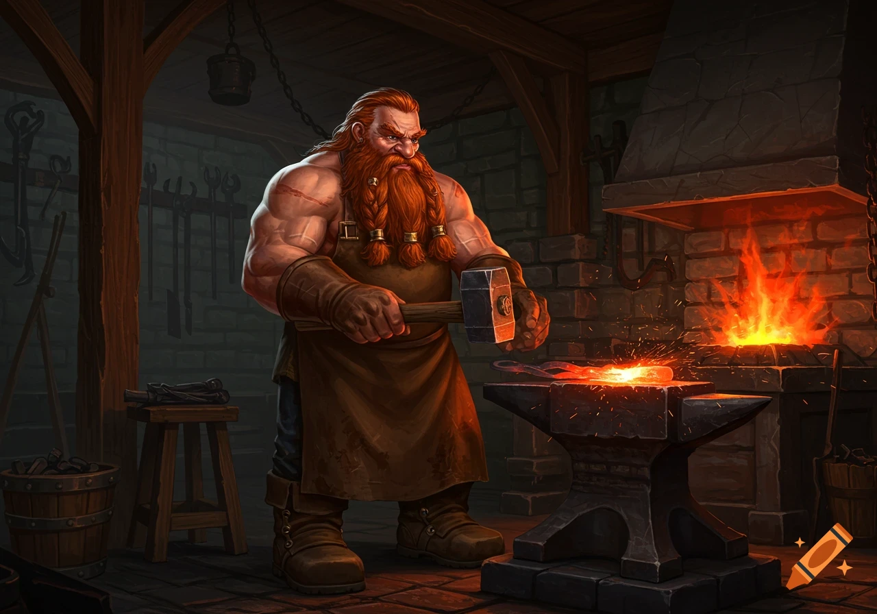 A muscular, red-bearded dwarf blacksmith hammers glowing metal on an anvil in a rustic forge.