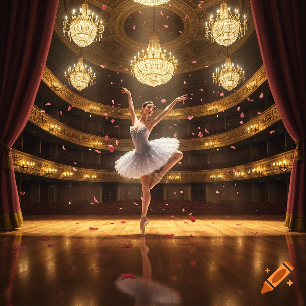 A ballerina in a white tutu dances gracefully on a stage with rose petals falling, in a grand theater with ornate chandeliers.