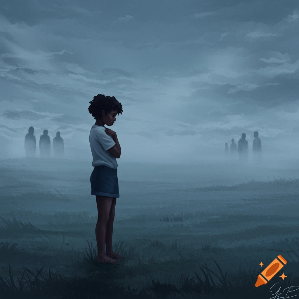 A somber young girl with curly hair stands barefoot in a misty field, with vague figures looming in the foggy distance. Digital painting.