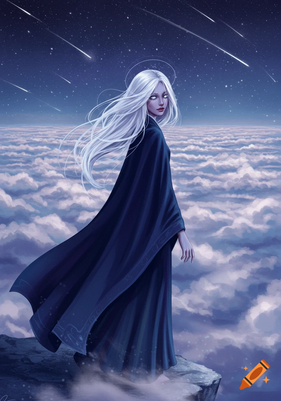 A fantasy illustration of a white-haired woman in a dark robe standing on a cliff above clouds under a starry night sky with shooting stars.