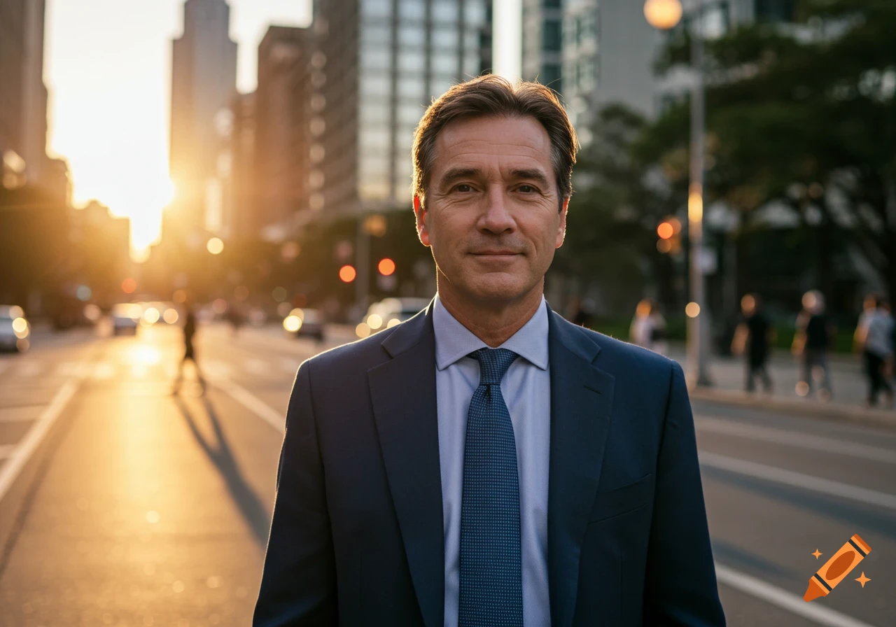 Photorealistic portrait of a businessman in a dark suit and blue tie, standing on a city street at golden hour.