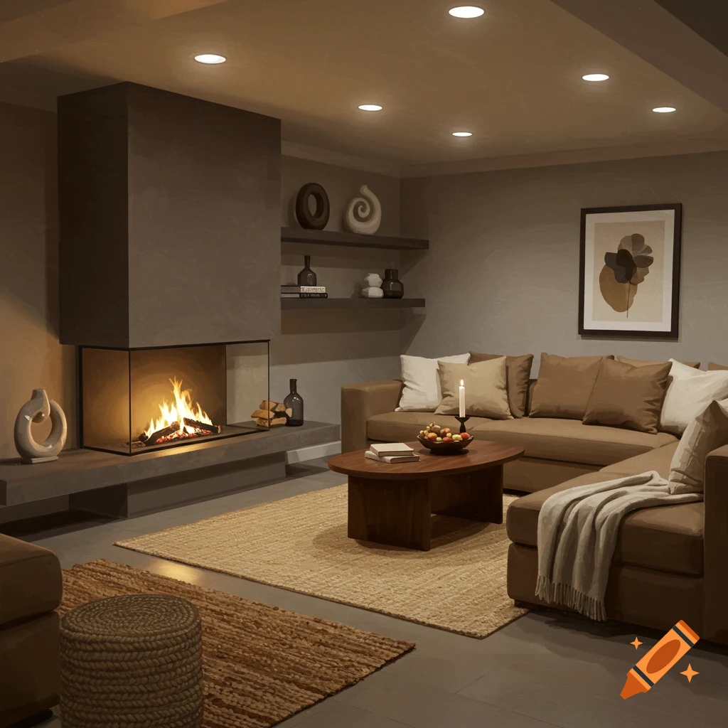 Photorealistic image of a cozy modern living room with a fireplace, a large sectional sofa, and warm lighting.