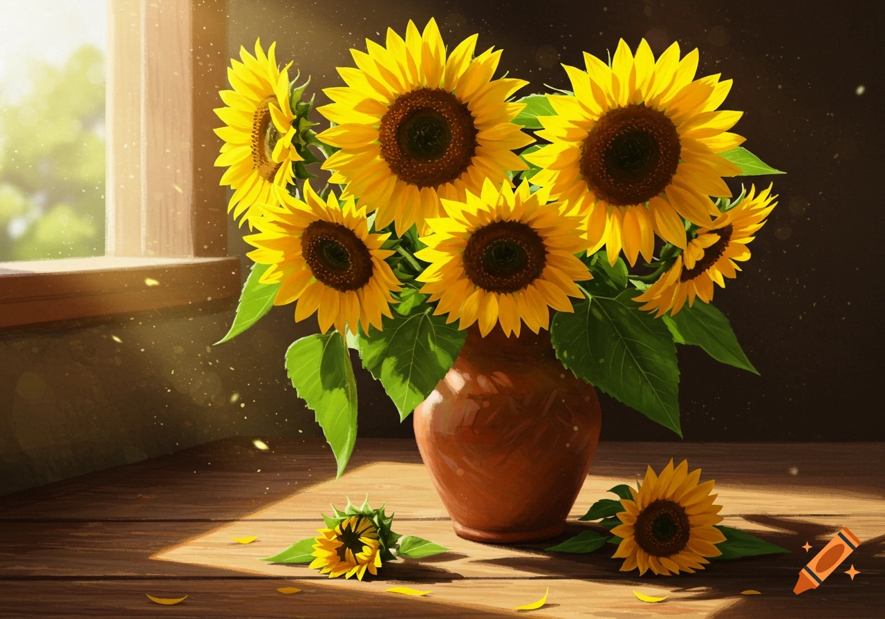 A vibrant bouquet of yellow sunflowers in a brown vase on a sunlit wooden table by a window, with scattered petals and small sunflowers.