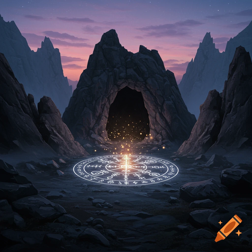A glowing magic circle on the ground before a dark cave entrance in a rocky mountain landscape under a twilight sky.