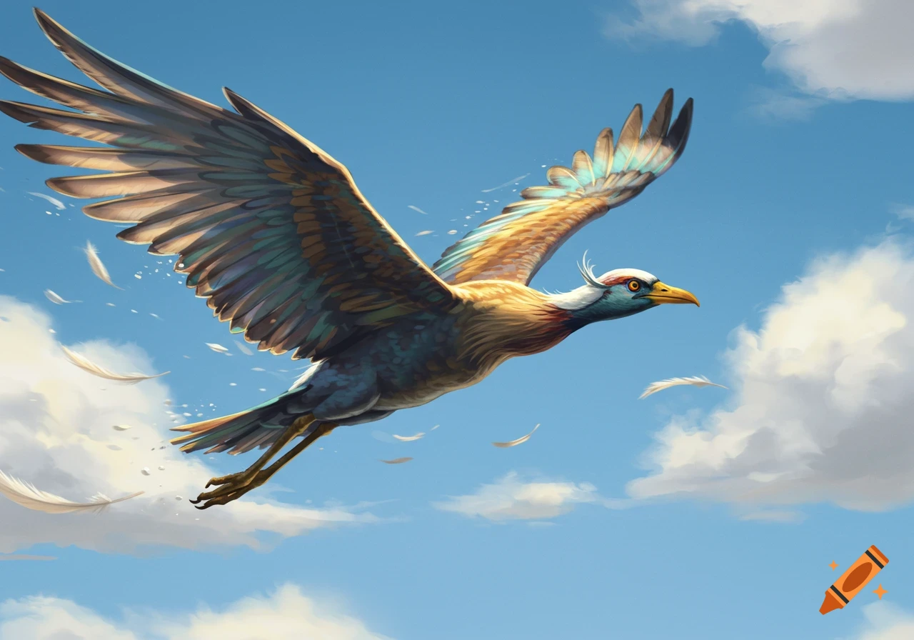 A colorful, stylized bird with outstretched wings flies across a bright blue sky with white clouds and falling feathers.