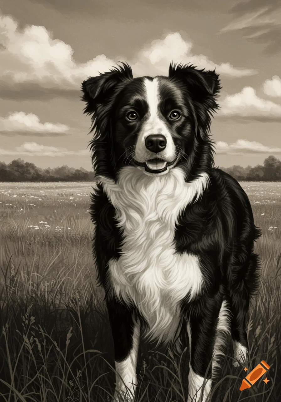 A black and white Border Collie dog stands in a grassy field under a cloudy sky, painted in sepia tones.