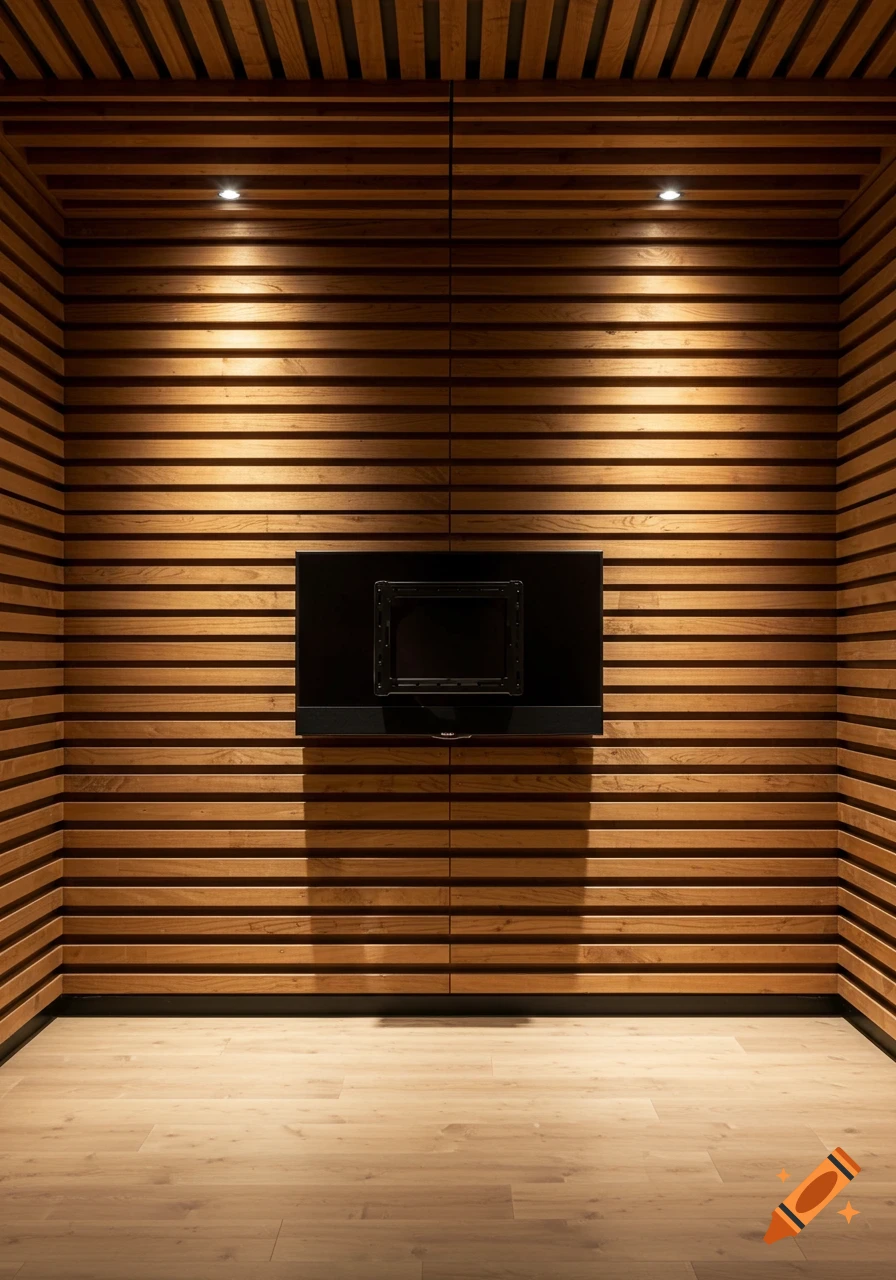 A modern room with warm wooden slatted walls, light wood flooring, and a wall-mounted television.