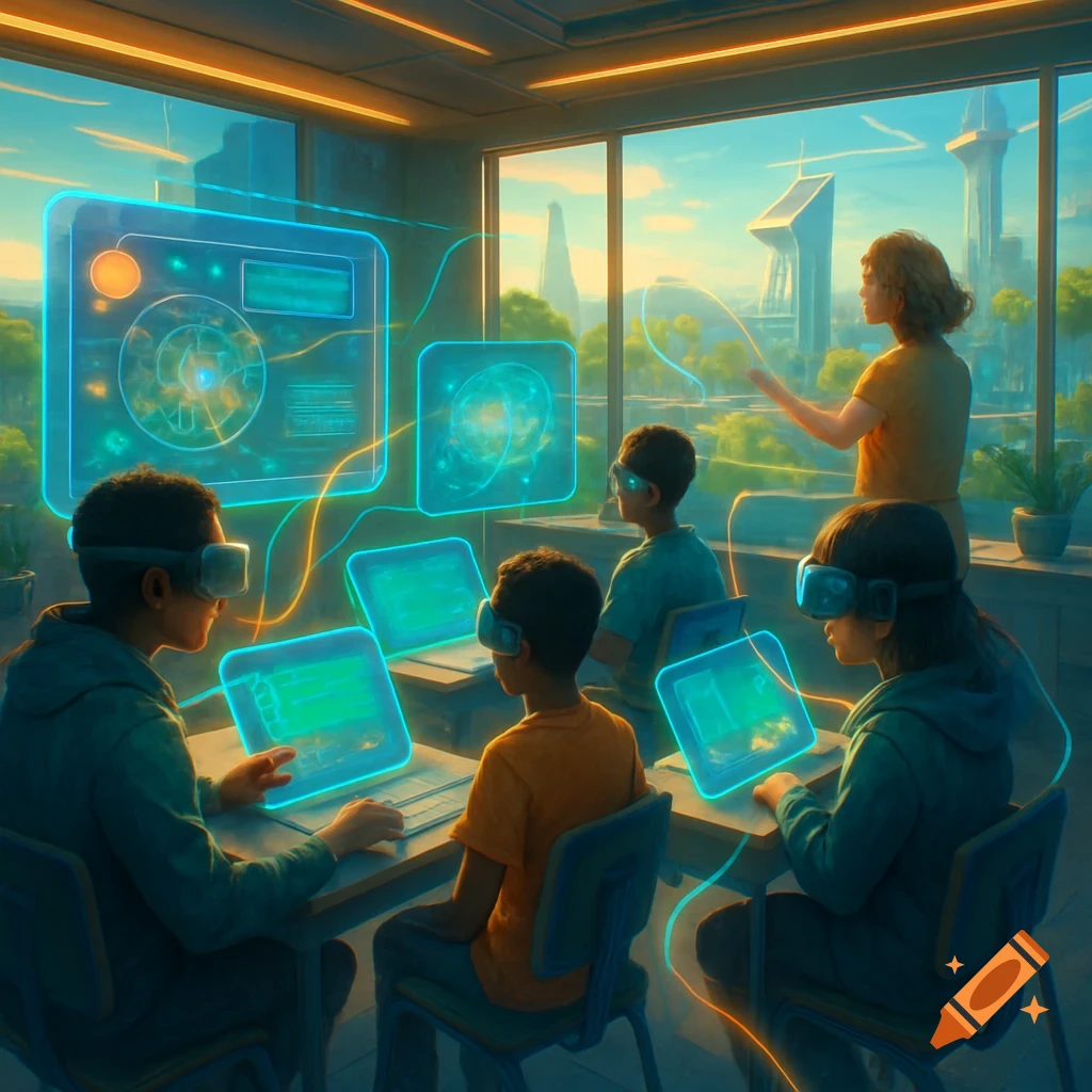 Children wearing VR headsets interact with glowing holographic displays in a futuristic classroom, with a teacher watching.