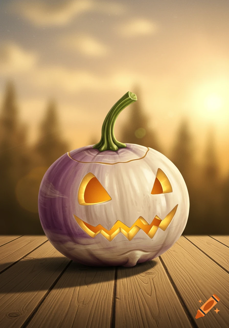 A stylized, glowing white turnip jack-o'-lantern with carved face sits on a wooden deck, blurred sunset in the background.