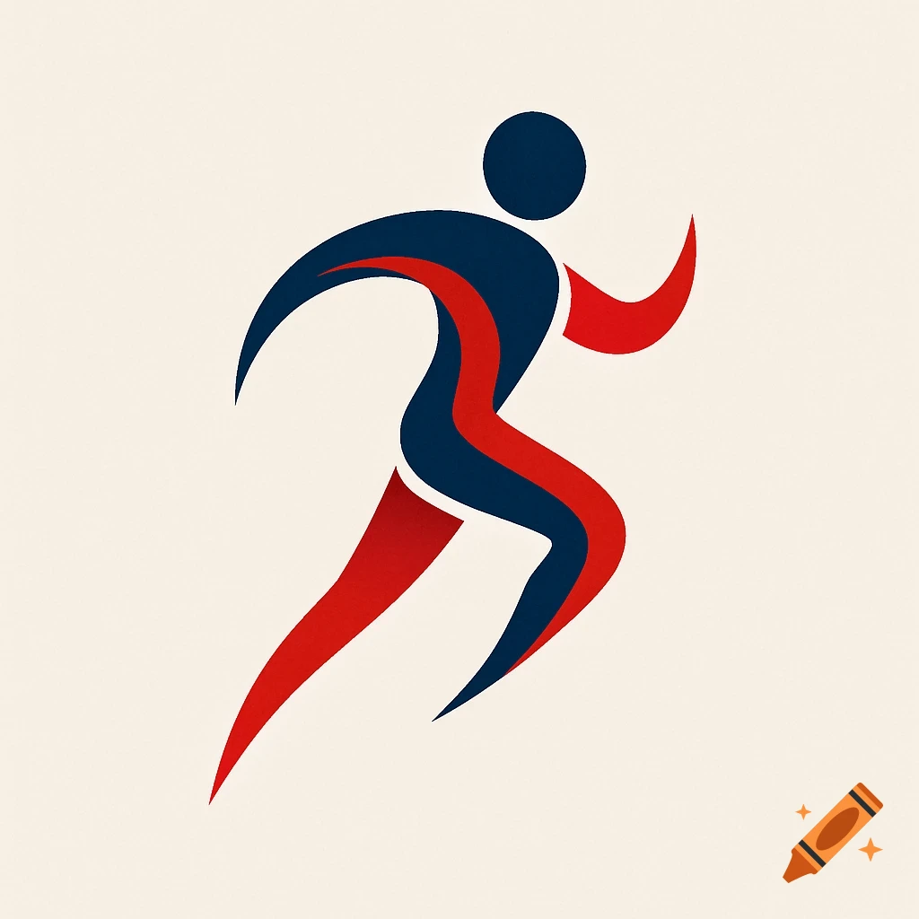 A stylized blue and red abstract logo of a person running, on a cream background.