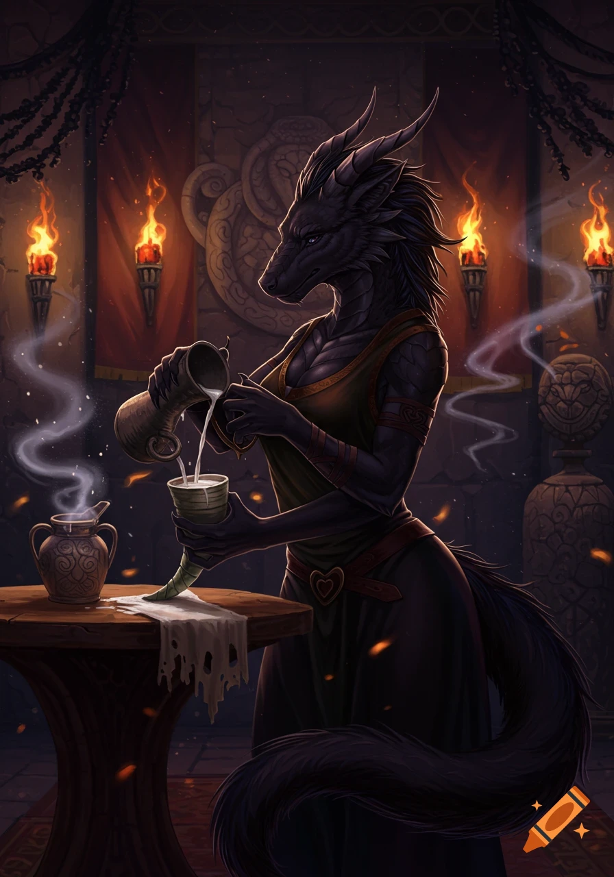 Anthro black dragon-wolf hybrid lady pours milk from a jug into a drinking horn in a dimly lit, torch-lit fantasy chamber.