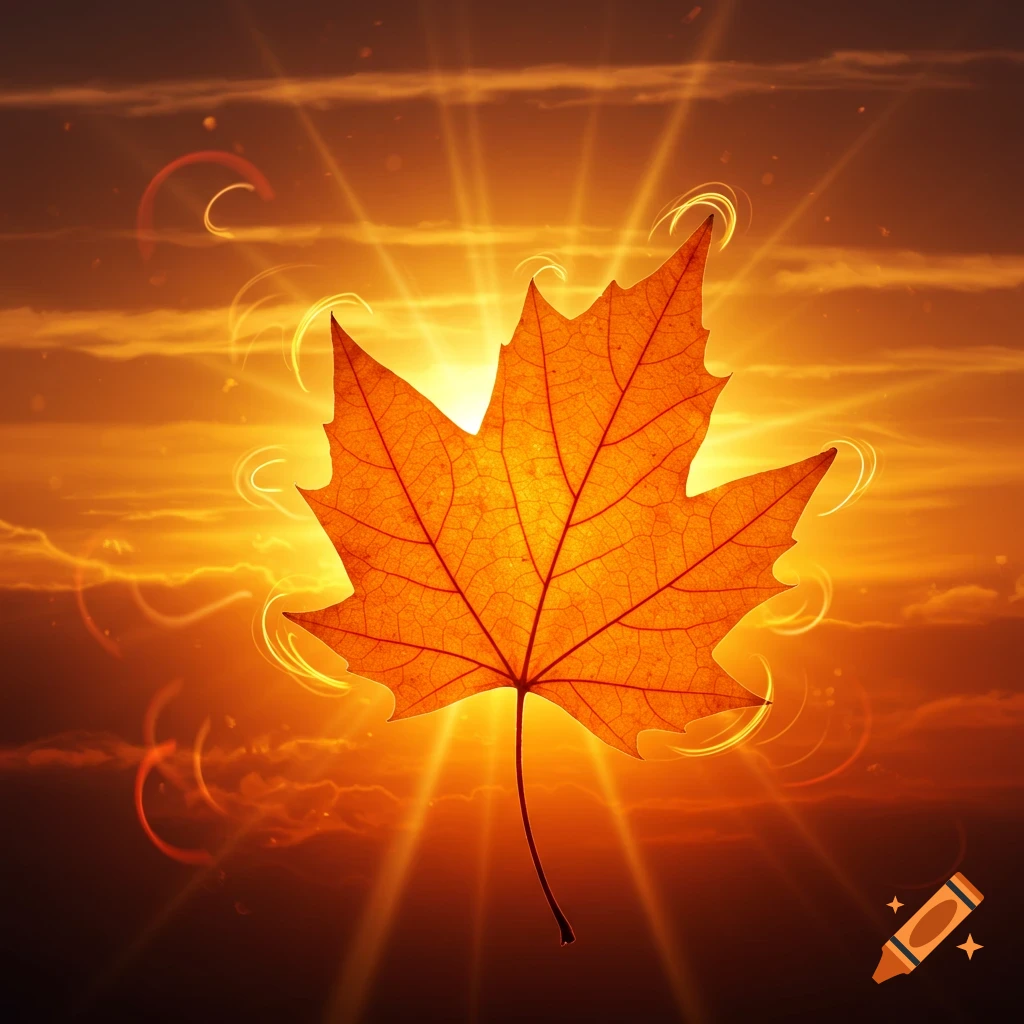 An orange autumn leaf glows intensely against a warm, radiant sunset sky, with light rays emanating from behind it.