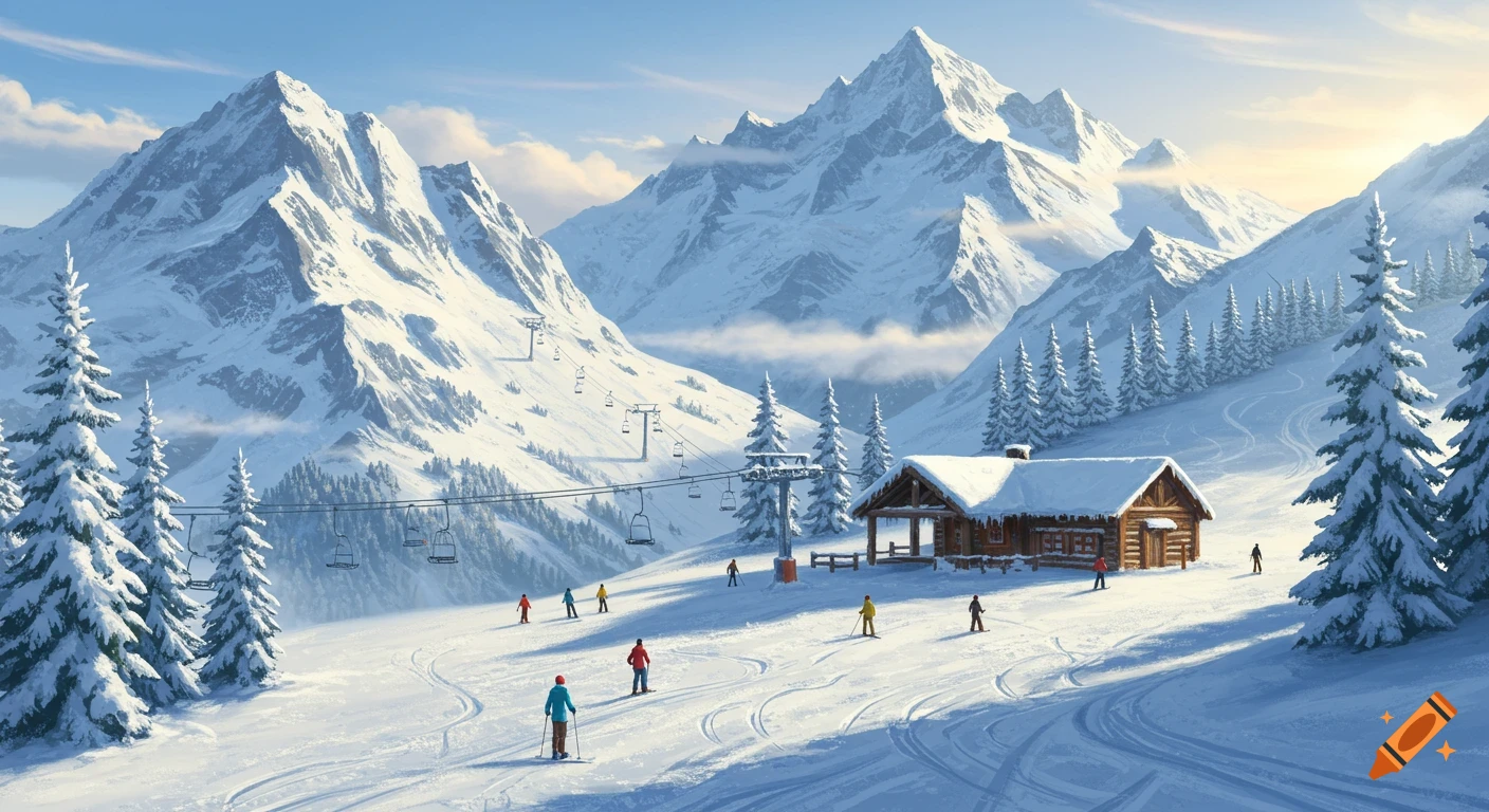 A scenic digital painting of a snowy mountain ski resort with skiers, a lodge, and active ski lifts under a clear sky.