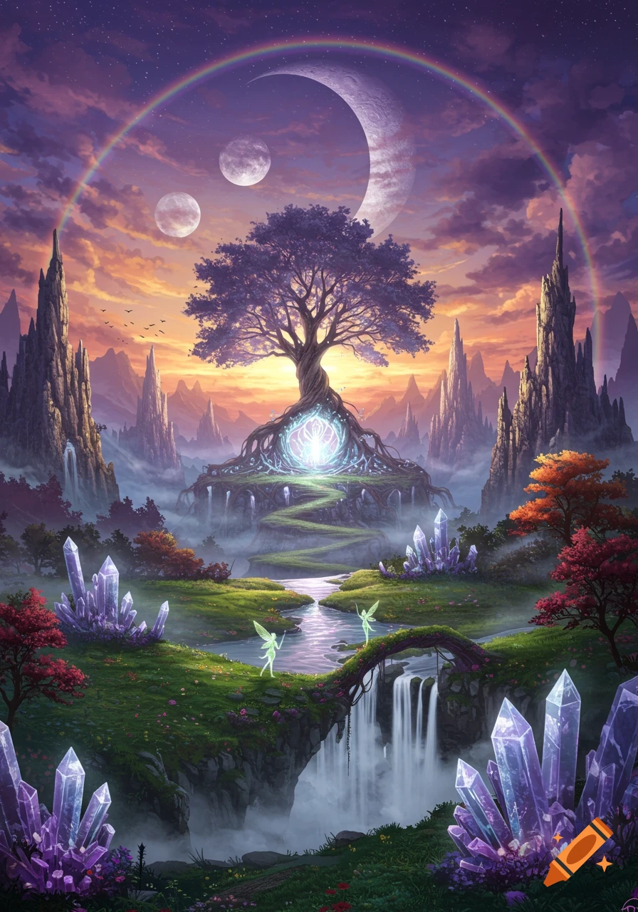 A vibrant fantasy landscape with a glowing tree, crystal formations, waterfalls, a rainbow, and two fairies under a moonlit sky.