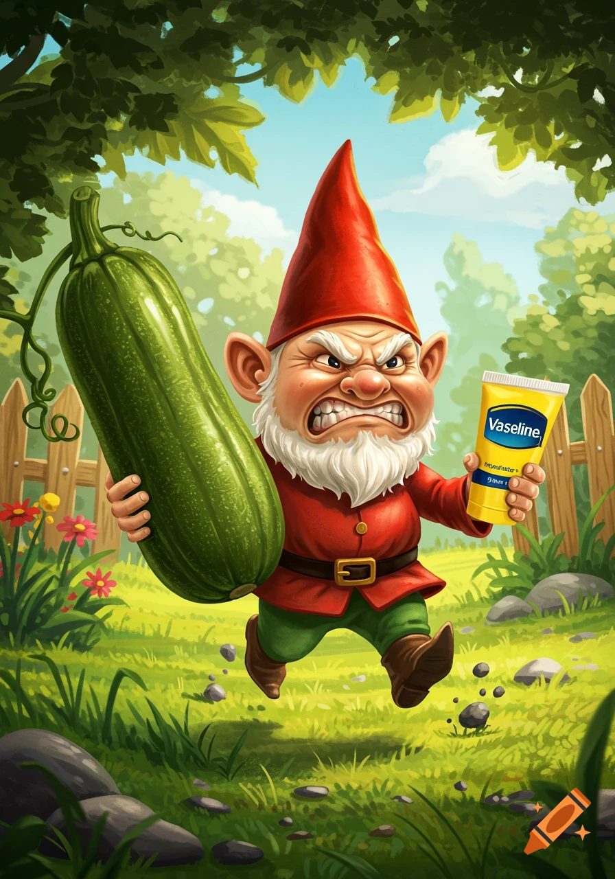 An angry cartoon garden gnome runs with a large green courgette and a yellow Vaseline tube in a vibrant garden.