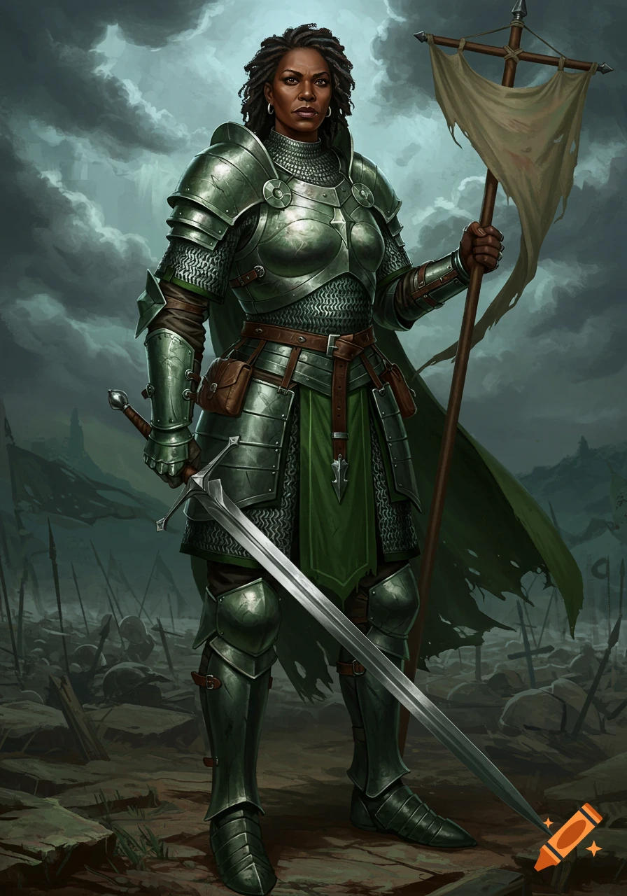An intense Black woman warrior, Farjika Pendragon, in green and black chain and leather armor, stands holding a large sword and a tattered flag on a desolate battlefield under a stormy sky.