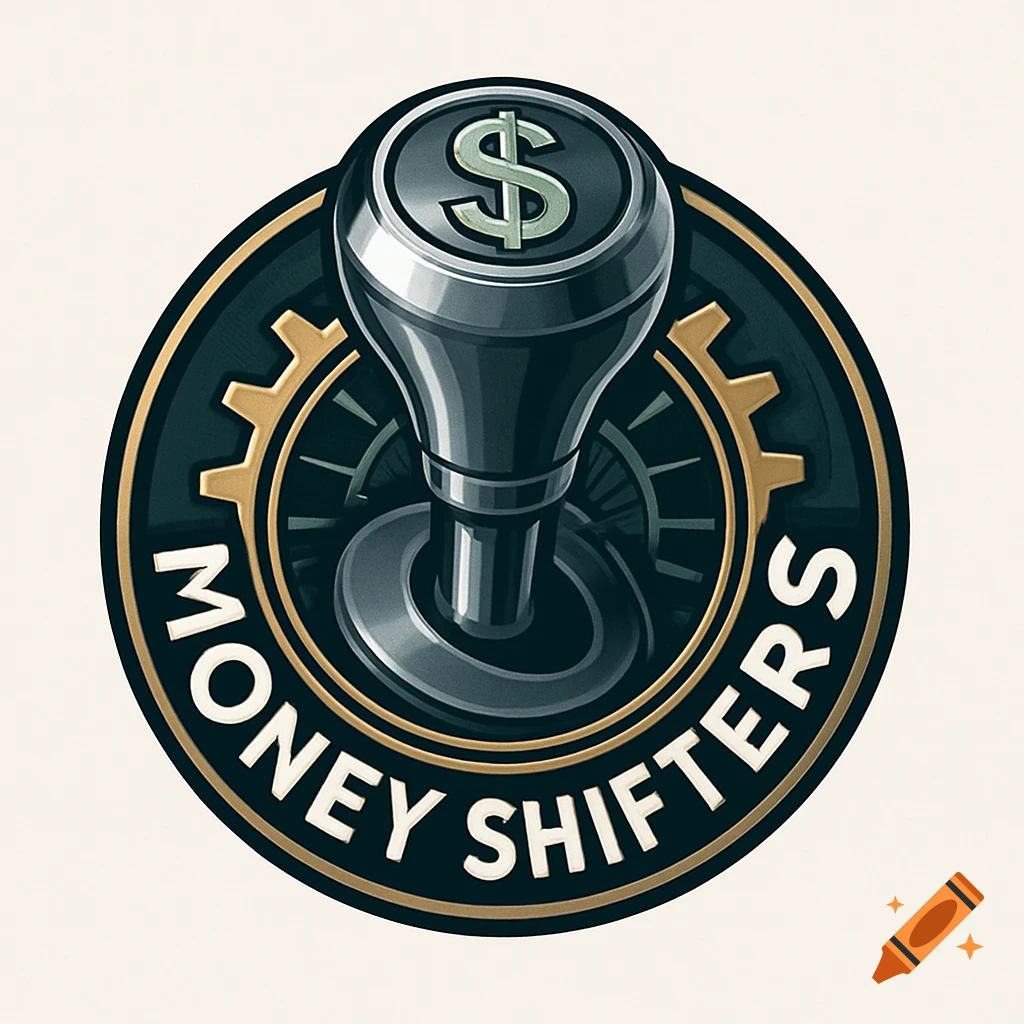 Circular logo for 'MONEY SHIFTERS' featuring a dark gear shifter with a dollar sign and a golden gear outline.